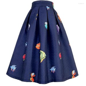 Rokken 2024 Herfst Winter Korea Dongdaemun Vrouw Kleding Vintage Ocean Creature Reliëf Hoge Taille Geplooide Marineblauwe Midi Rok