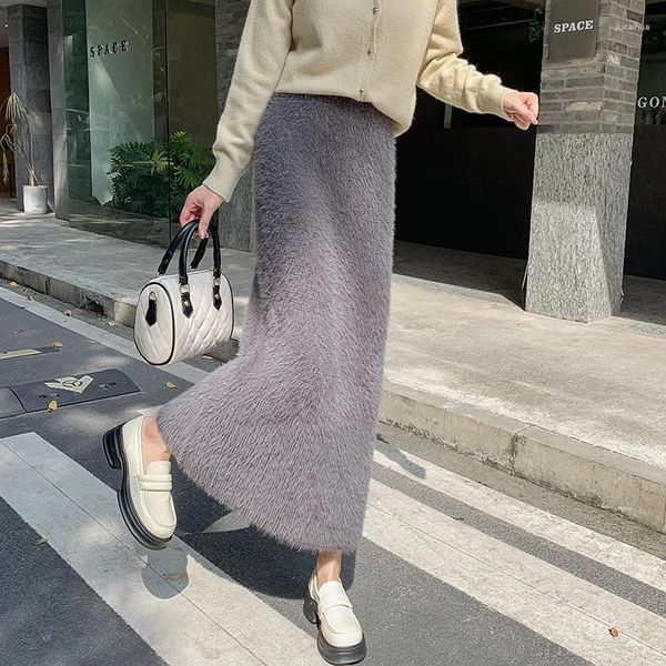 Jupes 2024 automne d'hiver femmes hautes taille mince jupe longue qualité coréenne mode imitation douce tricotée