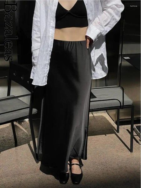 Jupes 2024 Bazaleas Store Élégant Noir Satin Midi Officiel Taille Élastique A-ligne Jupe Comme Soie Longue Femmes Vêtements