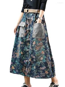 Jupes 2024 Vêtements décontractés chinois Spring Women Fashion Loose Belt Imprimé Denim dames Luxury A-Line Elegant Vintage Streetwear