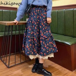 Jupes 2024 FALDAS MUJER DE MODA Vintage Floral Long Women Vêtements haute taille A-Line Patchwork Lace Jupe Korean Sweet Jupe