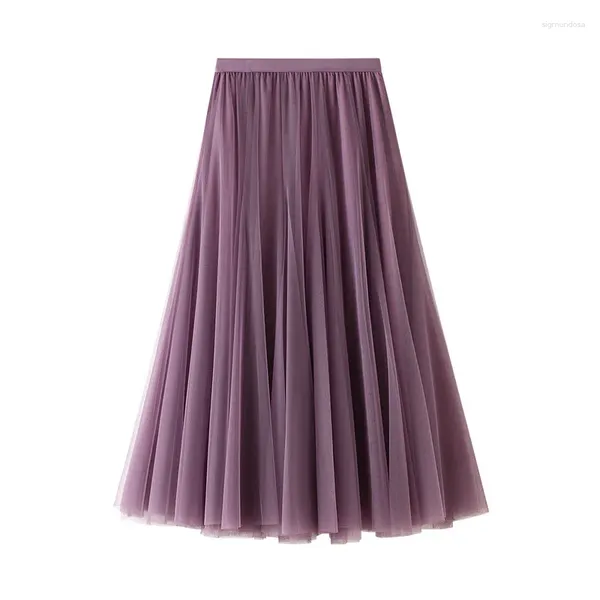 Jupes 2024 Mode Automne Hiver Vintage Tulle Jupe Plissée Femmes Élastique Taille Haute Maille Longue Maxi Femme Jupe Longue