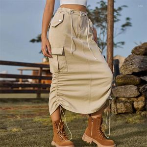 Jupes 2024 Fashion Trawstring Denim Jirt Femme Jean Spring Automne Retro Streetwear Elastic Pocket Pocket Casual Long