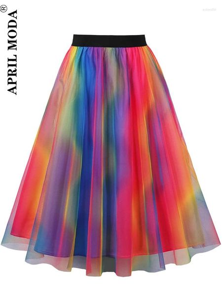 Jupes 2024 Fashion Gradient Tulle Mesh Sweet Swing Party Jupe Elegant Colorful High Taist Elastic Ball Ball Breft Midi