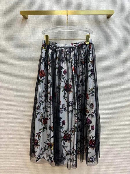 Faldas 2024 Moda Plisada Para Mujer Cintura Alta Malla Patchwork Estampado Floral Patrón Dulce Falda Larga Maxi