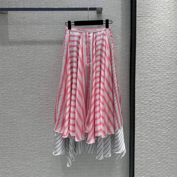 Faldas 2024 Fashion Summer Pink Stripes Patchwork High Wist Big Bottom A-Line Asimétrica Sweet Chiffon Long