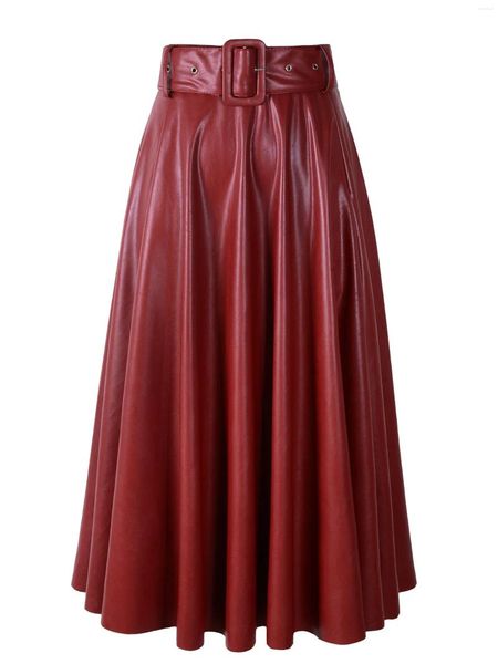 Jupes 2024 Fashion Femmes automne hiver PU FAUX LADE HIGH TAILLE A-LINE MIDI MID-CALF MAXI Long Black Wine Red Belt