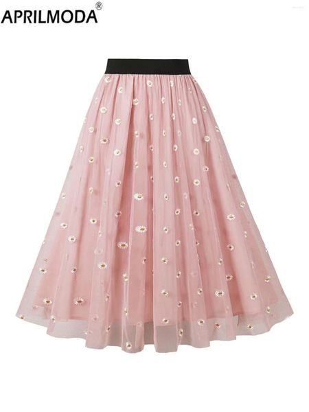 Faldas 2024 Fashion Women Tulle Midi Falda elástica Big Swing Big Pink Blue Blanco Rojo Kawaii Long Loose Summer