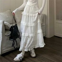 Jupes 2024 Fashion Womens Long Skirts Ruffle Summer Automne Jirt Hollow Out High Wirt Kirt Cake Robe Blanc Long Party Jupe A-line