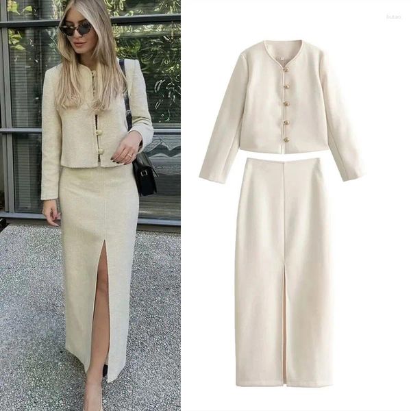 Jupes 2024 Femme Beige Vestes Costumes Mode O-cou Simple Boutonnage Femme Sexy Haute Split Zip Longs Ensembles Élégants