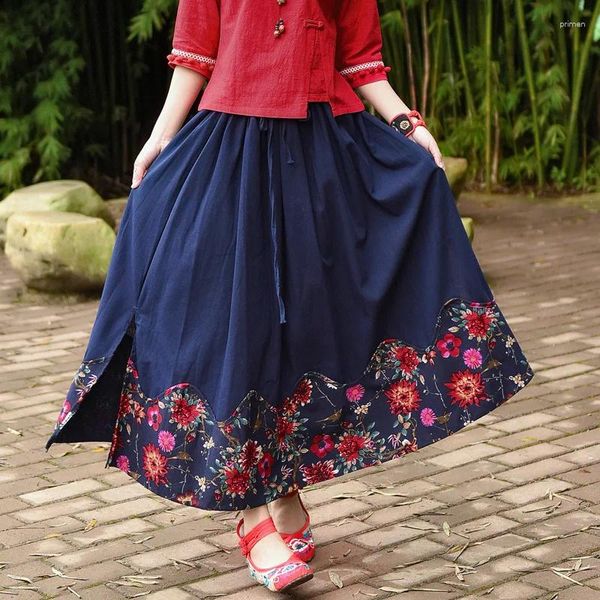 Jupes 2024 jupe femme bleu imprimé oriental robe florale cordon de serrage a-ligne coton lin rétro lâche plissé longue TA1213