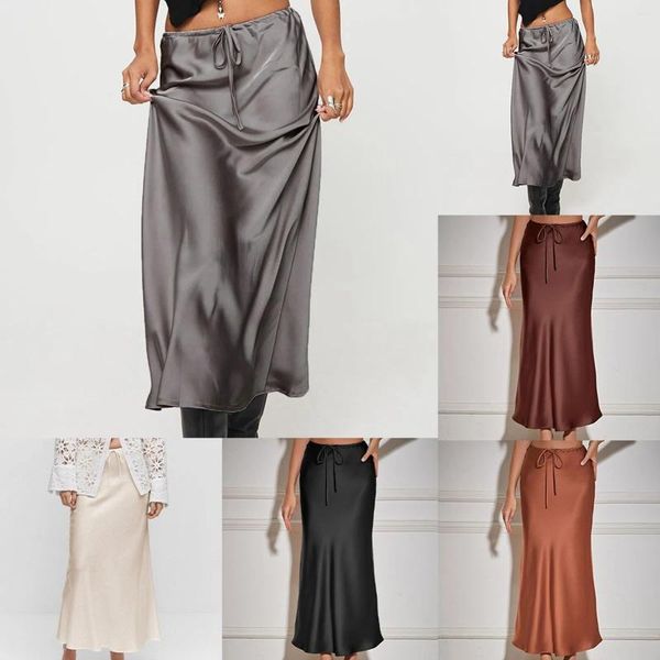 Faldas 2024 para Mujer, falda de satén de seda Lisa con cordón, cintura alta, larga, elegante, para oficina, Faldas de Mujer