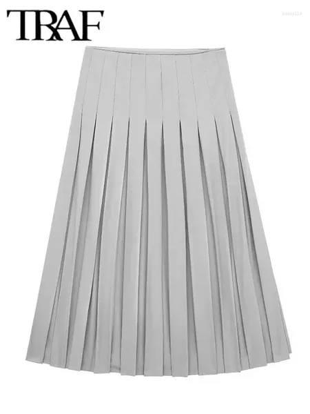 Faldas 2024 Falda plisada gris Mujer Cintura alta Mujer larga Retro Fruncido Midi para primavera Vintage Mujer