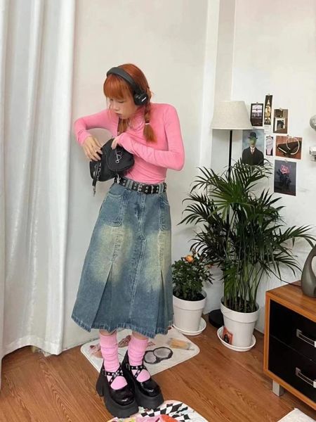 Jupes 2024 taille haute jupe en denim long midi femmes jeans plissés d'été Vantage gris kawaii élégant maxi streetwear