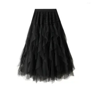 Jupes 2024 coréen printemps mode cheville longueur jupe en tulle pour les femmes haute rue ourlet irrégulier plissé longue maxi femme