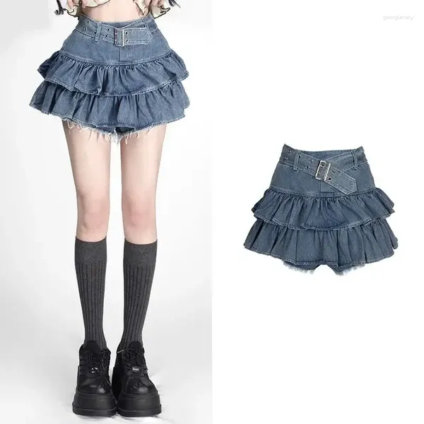 Jupes 2024 Version coréenne Design Sense Girl rétro jupe en jean femmes a-ligne été taille haute tout-match plissé Y2K