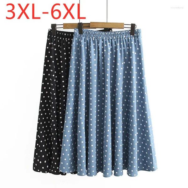 Faldas 2024 Falda Midi de talla grande de verano para mujer, falda grande holgada de corte a, azul de algodón, punto negro, plisada 3XL 4XL 5XL 6XL