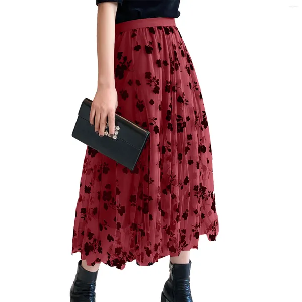 Faldas 2024 Damas Tul Flocado Gran Swing Falda de malla Maxi Retro Cintura alta Estampado floral Longitud media Una línea