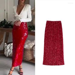 Jupes 2024 rouge paillettes jupe midi pour femmes chic brillant taille haute longue femme mode fête vêtements élégants