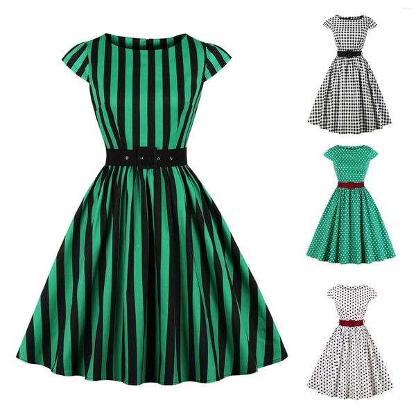 Faldas 2024 Retro Rockabilly Mujeres Vestido vintage con cinturón O Cuello Lunares Una línea Cap Manga Negro Blanco Plaid Imprimir Pin Up Ropa