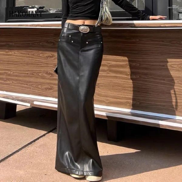 Faldas 2024 Sexy Black Back Slit PUL Falda de cuero con cinturón Package Women Hips Maxi Long