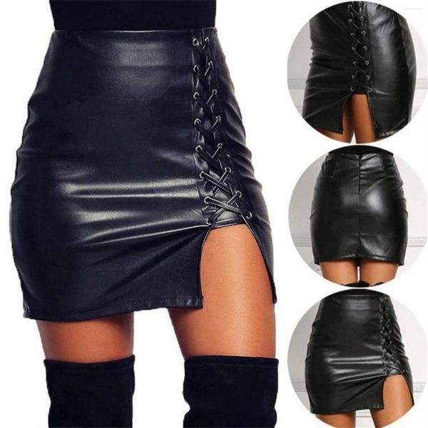 Jupes 2024 filles sexy au-dessus du genou noir pu cuir mini printemps femmes hautes taille bodycon front divisé élégant jupe courte