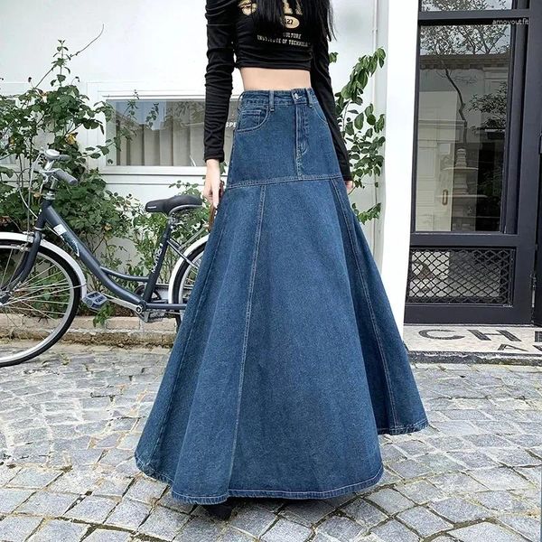 Faldas 2024 Spring Autumn Streetwear Mujeres Denim larga cintura alta A-línea jean gran tamaño dama casual