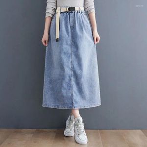 Jupes 2024 printemps automne femmes taille élastique Vintage bleu jupe trapèze ample tout assorti décontracté coton Denim longue V791