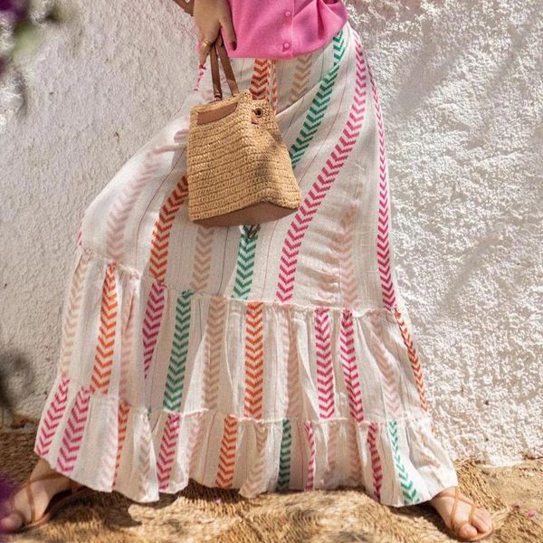 Faldas 2024 Primavera Verano Casual suelta playa estampado Maxi falda Vintage estampado Boho largo mujeres elegante cintura alta fiesta