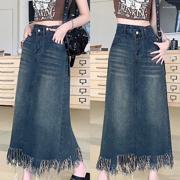 Jupes 2024 printemps d'été vintage denim bord lâche plus taille 4xl jeans A-line jupe féminine inférieure décontractée ke6034