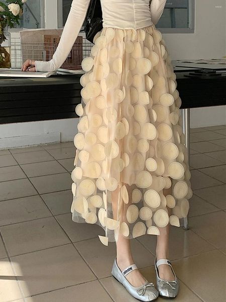 Jupes 2024 printemps été femmes taille haute mince jupe longue qualité douce 3D cercle décoration maille tulle 4 couleurs