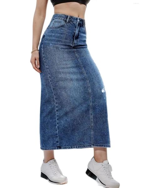 Faldas 2024 Primavera de las mujeres de cintura alta falda de mezclilla rasgada moda delgada pantalones vaqueros largos casual ropa de las señoras S-2XL