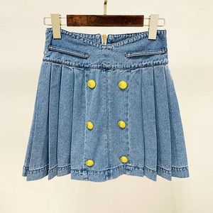 Rokken 2024 Star Fashion geplooide 100 gewassen denim rok met dubbele rij knopen en leeuwenknopen