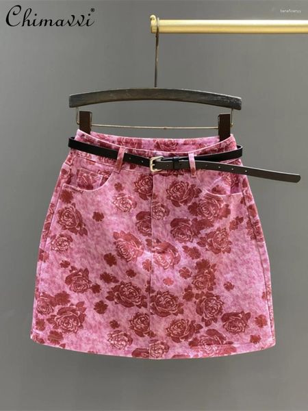 Jupes 2024 vêtements d'été mode vintage fleur imprimé motif denim jupe femme rose rouge haute taille a- line enveloppée