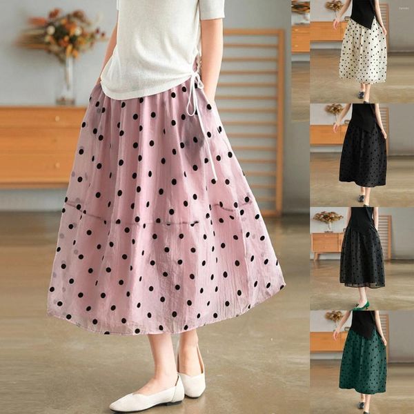 Jupes 2024 Summer Polka Dot Jupe littéraire fluide grand ourlet taille élastique plissée froncée pour les femmes élégantes streetwear