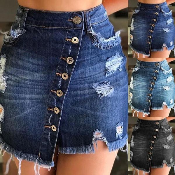 Jupes 2024 Summer Femme Ripped Denim Button Skirt Jupe Fashion Sexy Pack Hip Mini Jeans S-3xl Drop