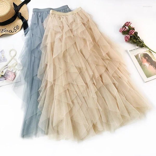 Jupes 2024 Été Femmes Boho Blanc Longue Jupe Taille Haute Volants Plage Rose Jupe Femme Tulle Saia Midi Faldas