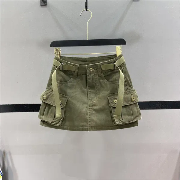 Faldas 2024 Verano Mujer Vaquero Falda corta Ejército Verde Vestido de trabajo Botón Bolsillo Anti Glare High Cintura A-Line Sólido Medio