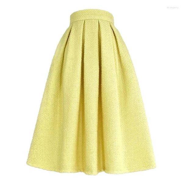 Faldas 2024 invierno estilo famoso estética coreana Vintage elegante amarillo Tweed alta cintura Falda larga moda de lujo Oficina trabajo de dama