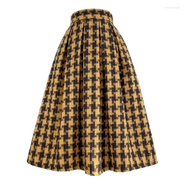 Faldas 2024 invierno coreano Vintage elegante estilo famoso amarillo pata de gallo cintura alta largo plisado falda mujer ropa de lana caliente