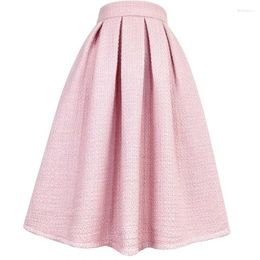 Jupes 2024 Hiver Vintage Élégant Femmes Doux Rose Tweed Laine Taille Haute Longue Plissée Soleil Midi Jupe Tutu Bureau Dame Vêtements De Travail