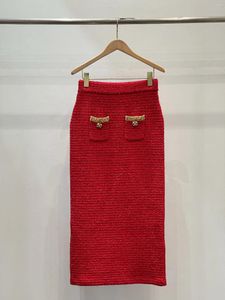 Faldas 2024 falda de punto con borde de bolsillo dorado burdeos informal Sexy a la moda para mujer 1223