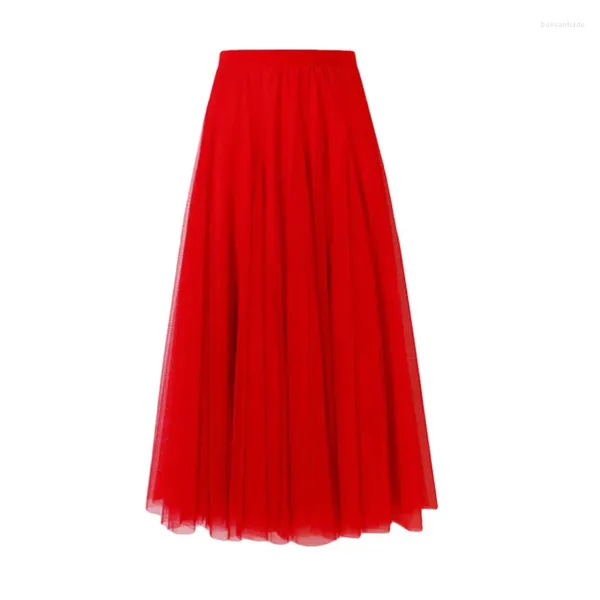 Jupes 2024 Femmes Maille Élastique Taille Haute Tutu Longue Jupe Printemps Été Mode Coréenne Élégant Plissé Blanc Noir Rouge Midi