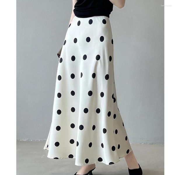 Faldas 2024 El elegante maxi de las mujeres Material de satén satinada Dots de cintura alta impresa a-línea boho femme faldas jupe saia