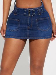 Jupes 2024 Femmes Summer Sexy High taille bleu foncé mini jupe Micro-bombe de jean court avec ceinture décontractée hanche