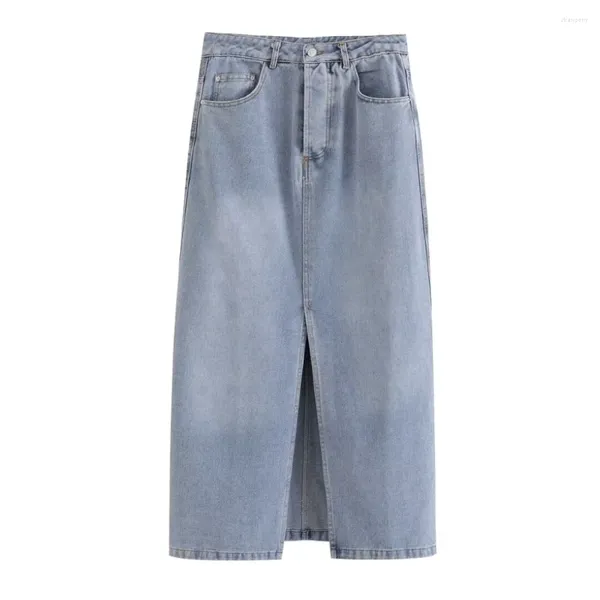 Jupes 2024zar printemps / été de la mode rétro de la mode Wester Western Split Split Mid Longueur Jupe en jean