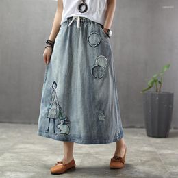 Jupes 23 femmes Denim printemps été Indie Folk Style lavé blanchi Patchwork imprimé lâche Shiring femme marée a-ligne jupe