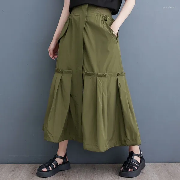 Faldas #3038 Verano Asimétrico Mujeres Negro Verde Streetwear A-line Falda Split Joint Ruffles Ladies Thin High Talle