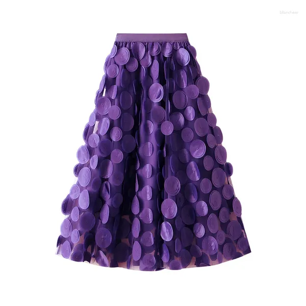 Jupes 3D Polka Dot Noir Mesh Demi-jupe 2023 Mode Robe Femme Mi-longue Parapluie Coréenne A-ligne Fête