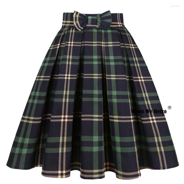 Jupes 50 s 60 s bleu vert femmes été coton Vintage jupe avec poches SS0012 Harajuku Punk Rokken plissé Plaid Faldas